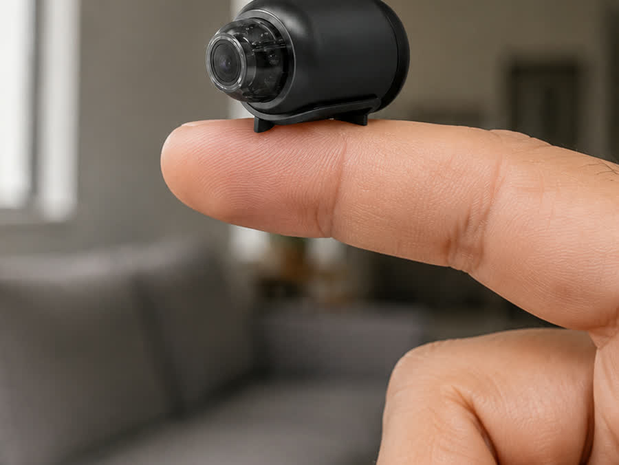 La mini cámara sobre la punta de un dedo