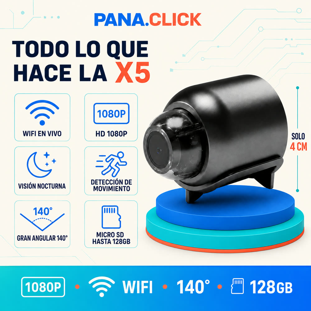 Especificaciones: WiFi, HD 1080P, 140°, visión nocturna, Micro SD hasta 128GB