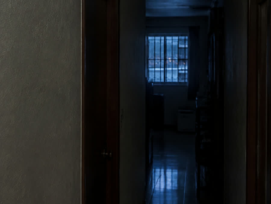 Pasillo de una casa de madrugada, a oscuras